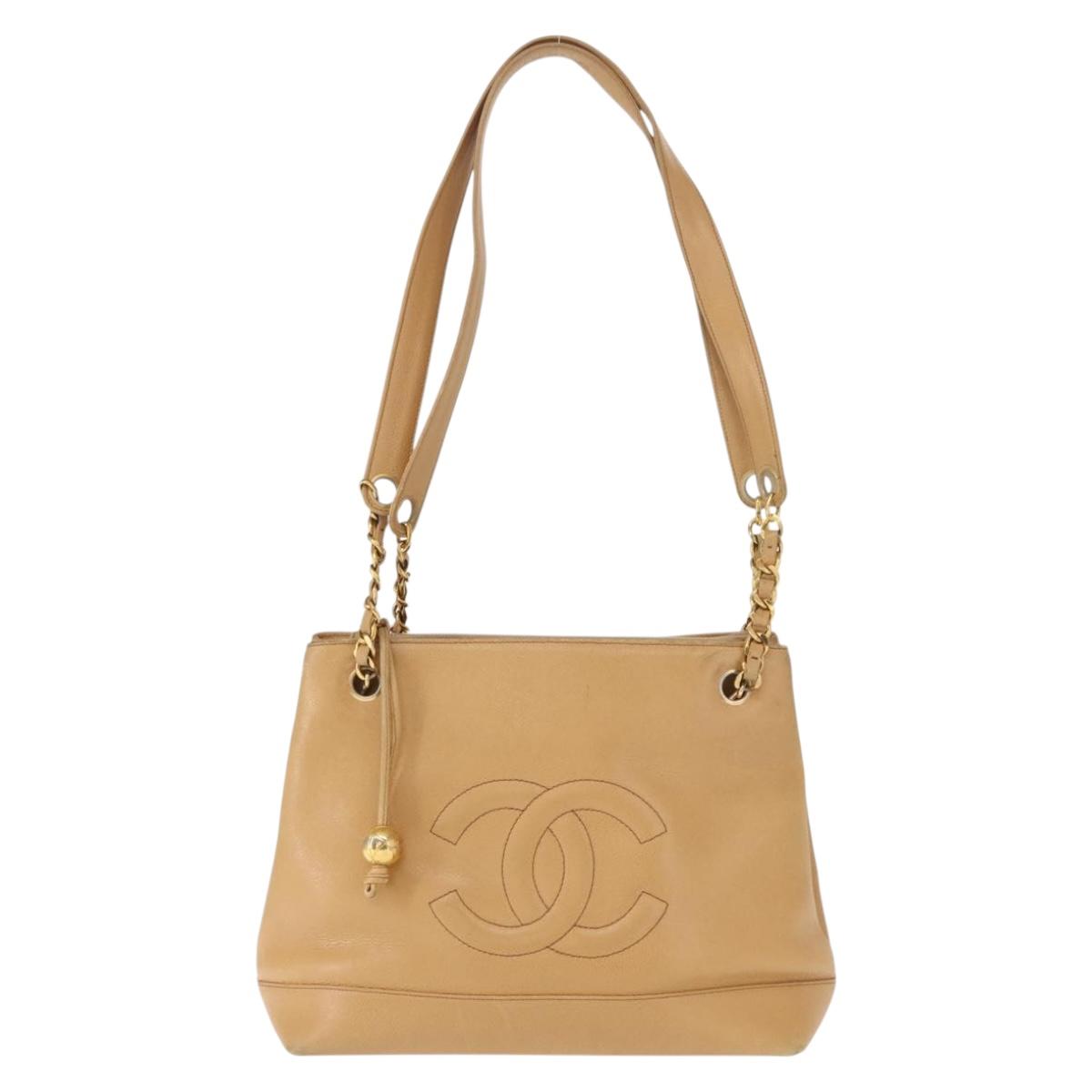 CHANEL Chain Shoulder Bag Caviar Skin Beige Gold CC Auth 150773