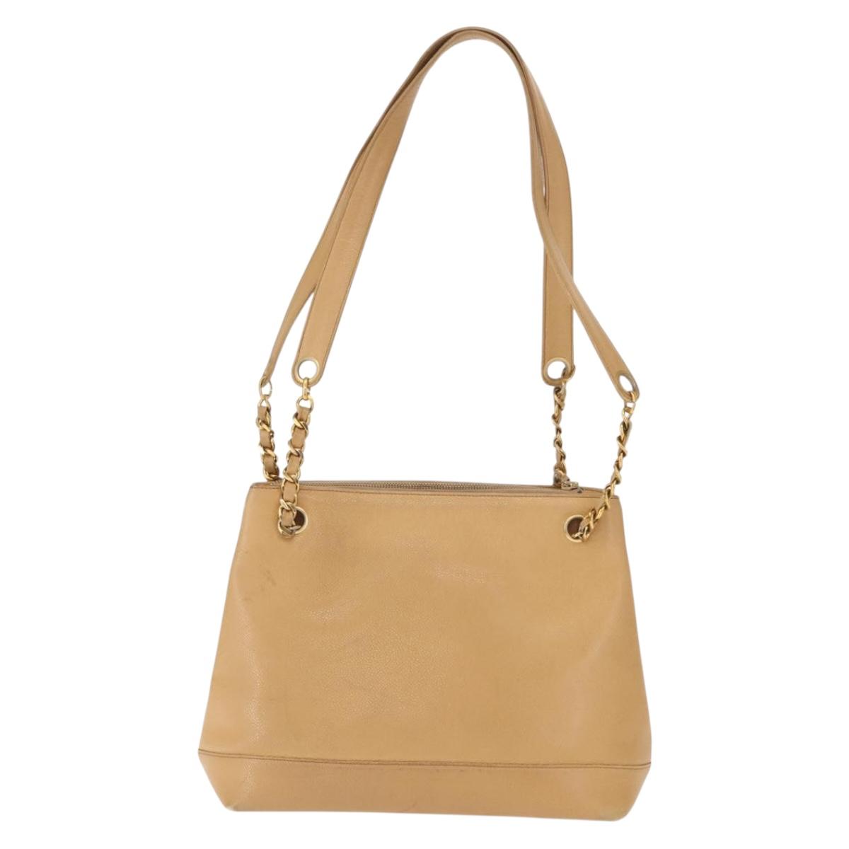 CHANEL Chain Shoulder Bag Caviar Skin Beige Gold CC Auth 150773