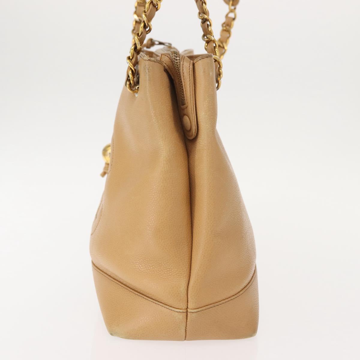 CHANEL Chain Shoulder Bag Caviar Skin Beige Gold CC Auth 150773