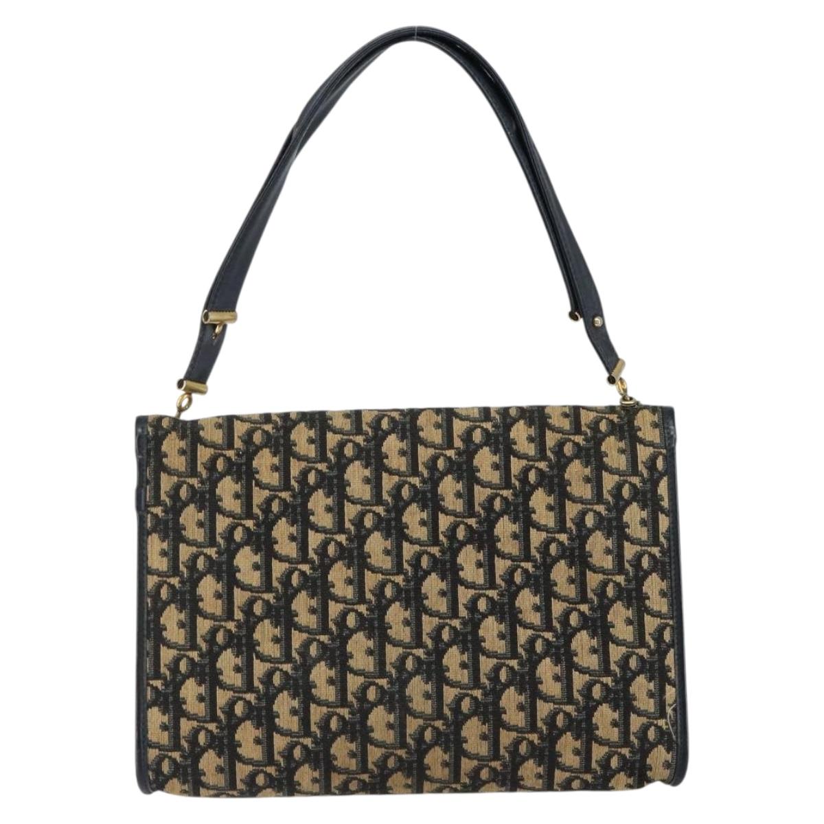 Christian Dior Trotter Canvas Shoulder Bag Navy Gold Auth 150810