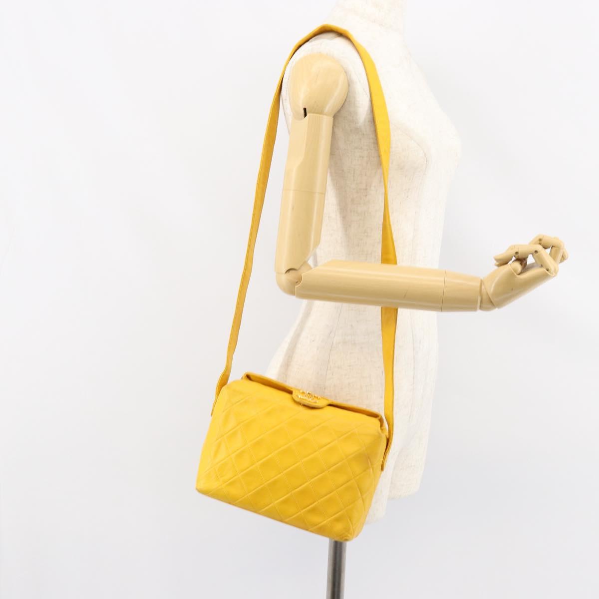 CHANEL Matelasse Shoulder Bag Lamb Skin Yellow Gold CC Auth 150813