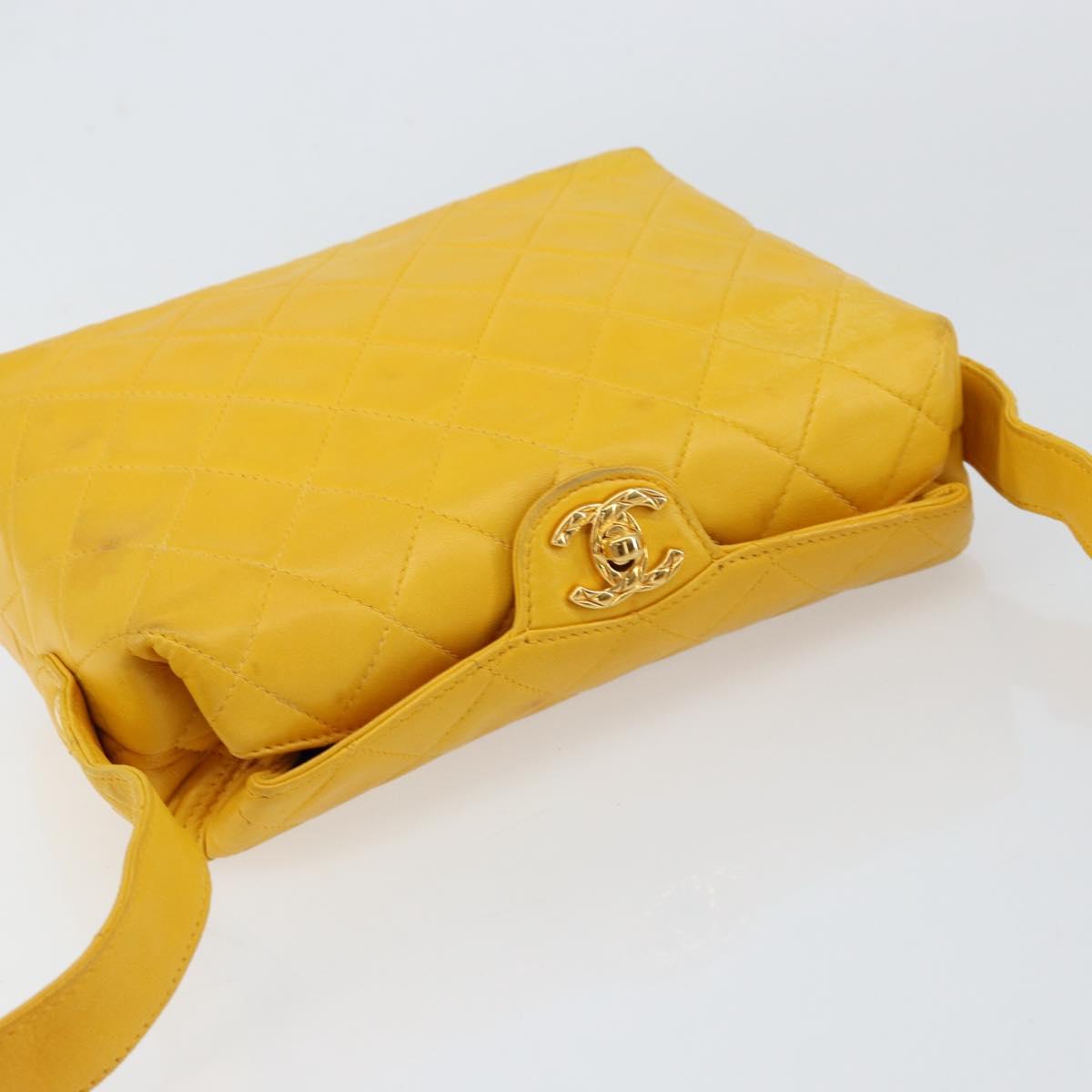 CHANEL Matelasse Shoulder Bag Lamb Skin Yellow Gold CC Auth 150813