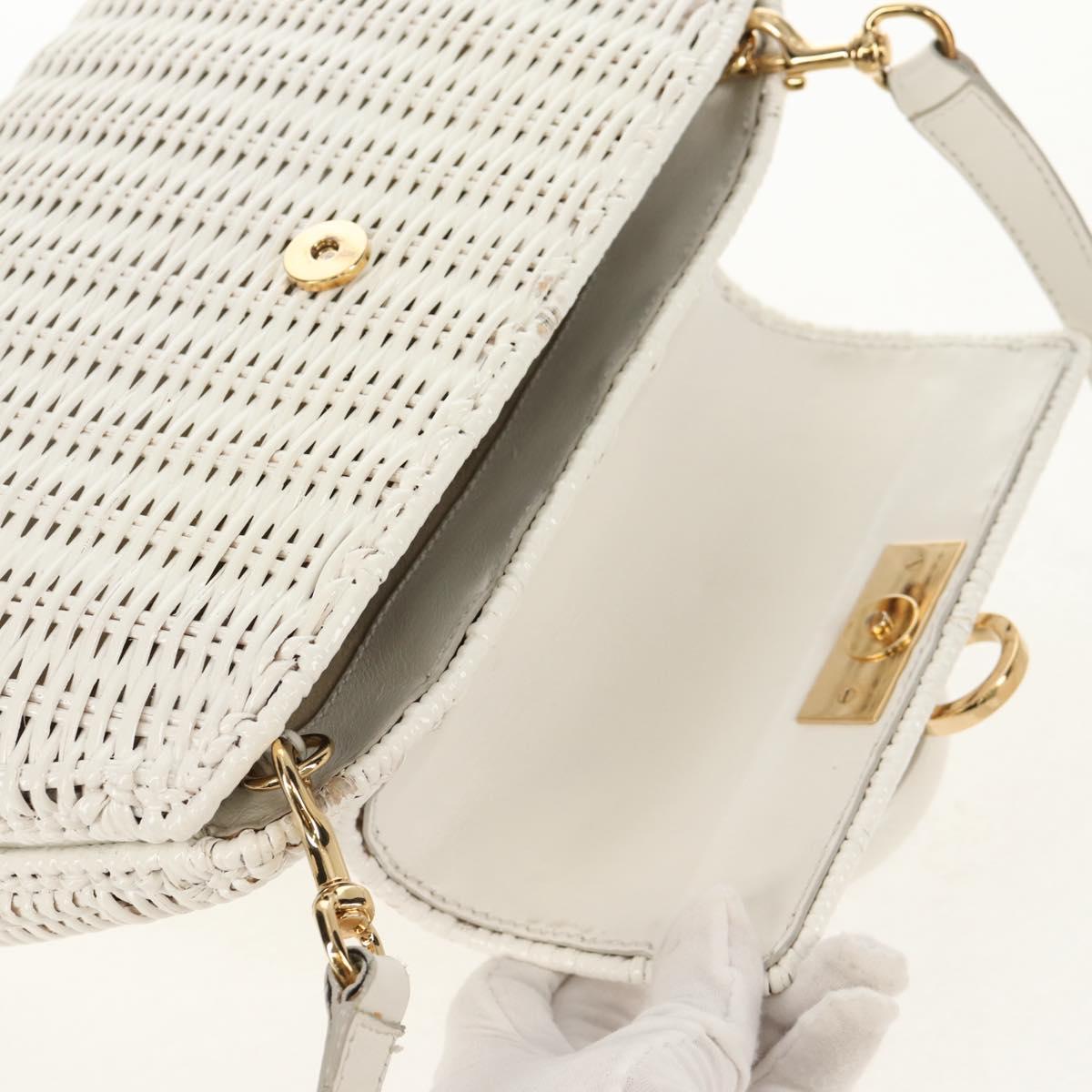 Salvatore Ferragamo Gancini Hand Bag Rattan 2way White Gold Auth 150815AV
