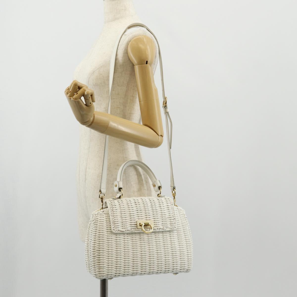 Salvatore Ferragamo Gancini Hand Bag Rattan 2way White Gold Auth 150815V