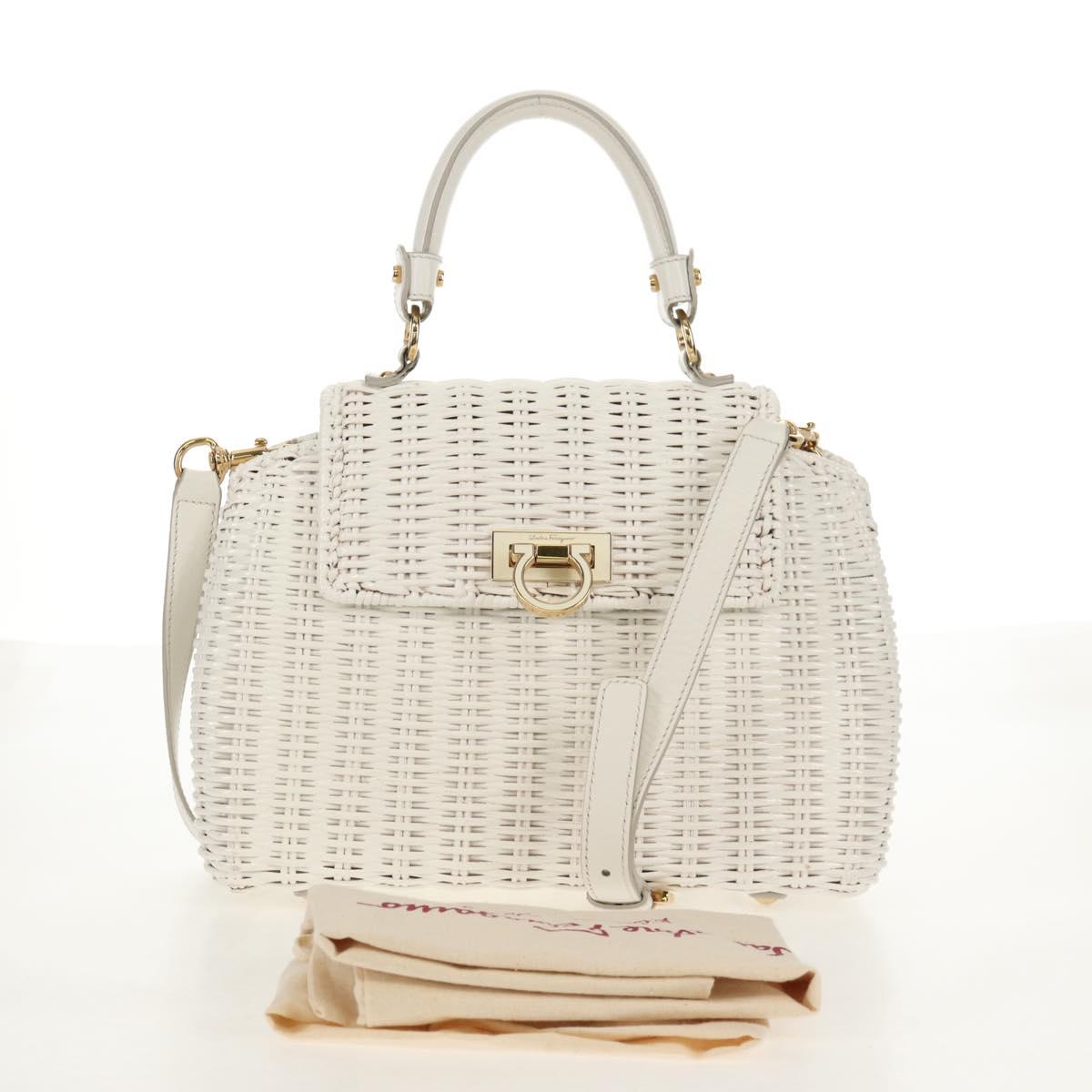 Salvatore Ferragamo Gancini Hand Bag Rattan 2way White Gold Auth 150815V