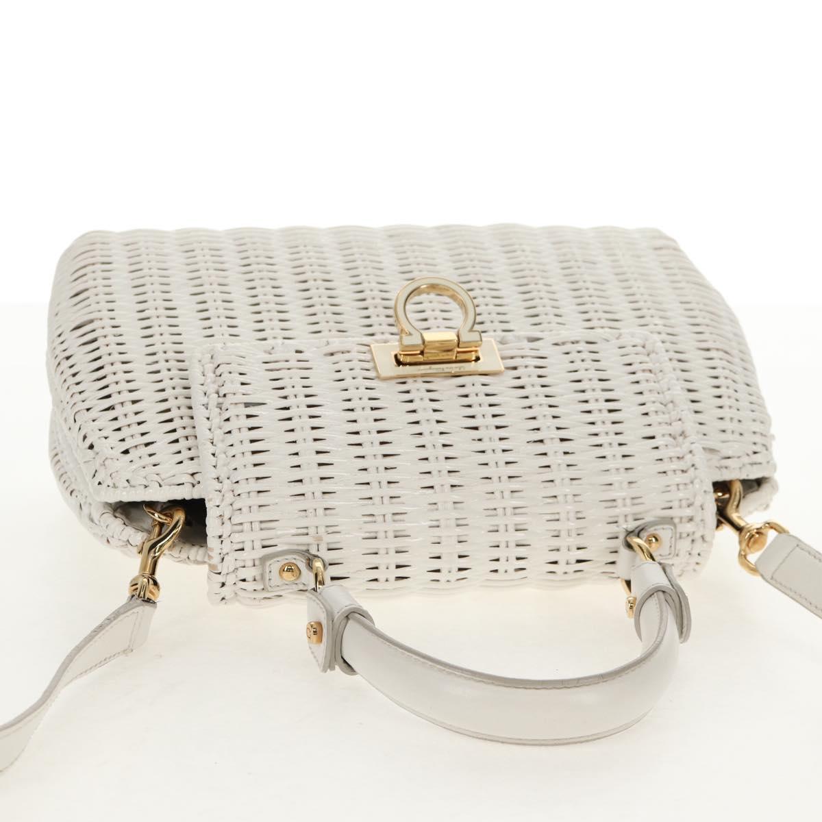 Salvatore Ferragamo Gancini Hand Bag Rattan 2way White Gold Auth 150815V