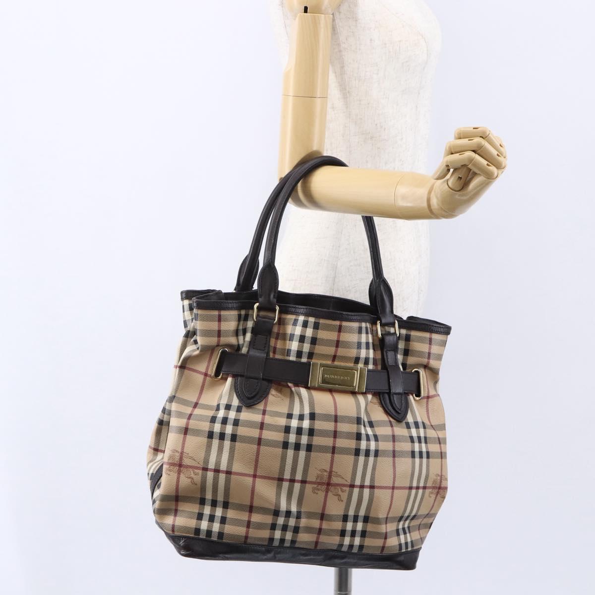BURBERRY Nova Check Tote Bag PVC Beige Gold Auth 150816