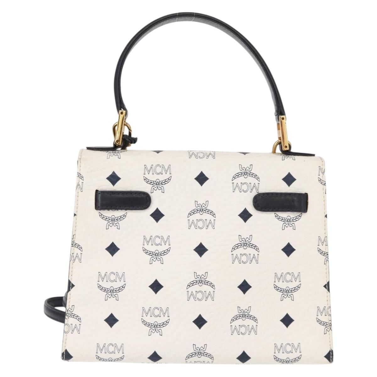 MCM Logogram Vicetos Hand Bag PVC Leather 2way White Gold Auth 150837