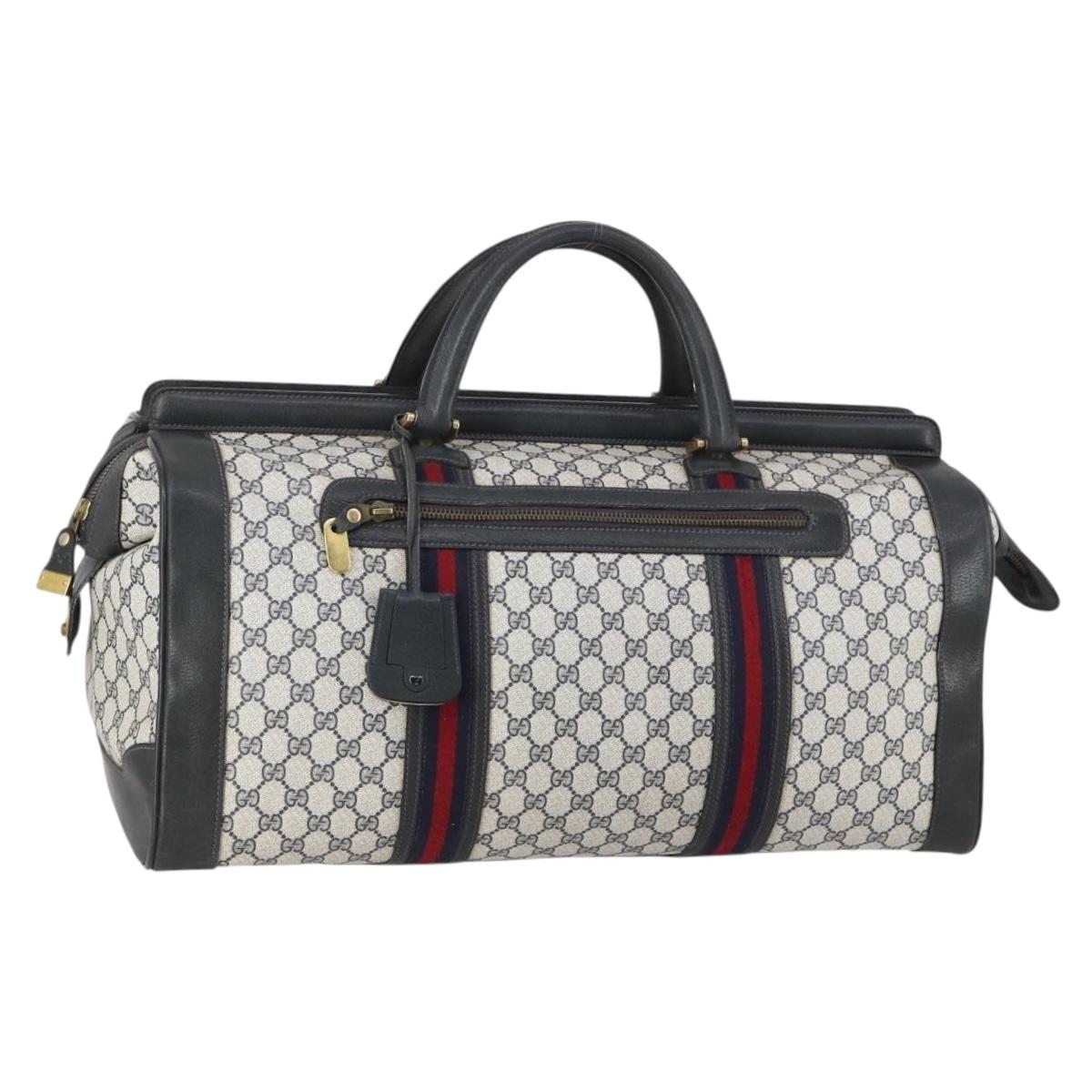 GUCCI GG Supreme Sherry Line Boston Bag PVC Navy Gold Auth 150841