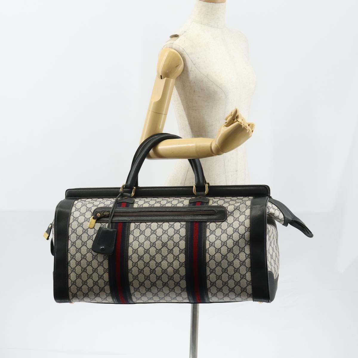 GUCCI GG Supreme Sherry Line Boston Bag PVC Navy Gold Auth 150841