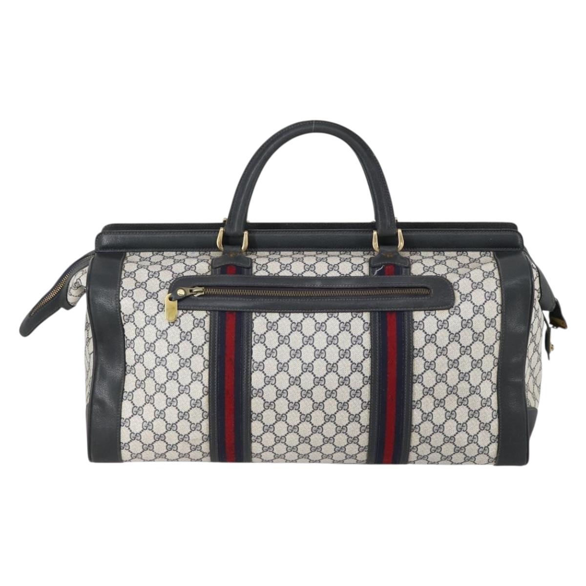 GUCCI GG Supreme Sherry Line Boston Bag PVC Navy Gold Auth 150841