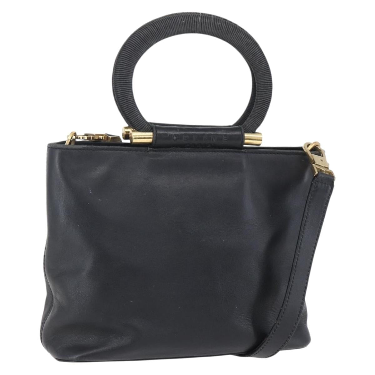 CELINE Hand Bag Leather 2way Black Gold Auth 150847