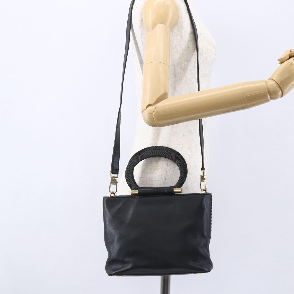 CELINE Hand Bag Leather 2way Black Gold Auth 150847