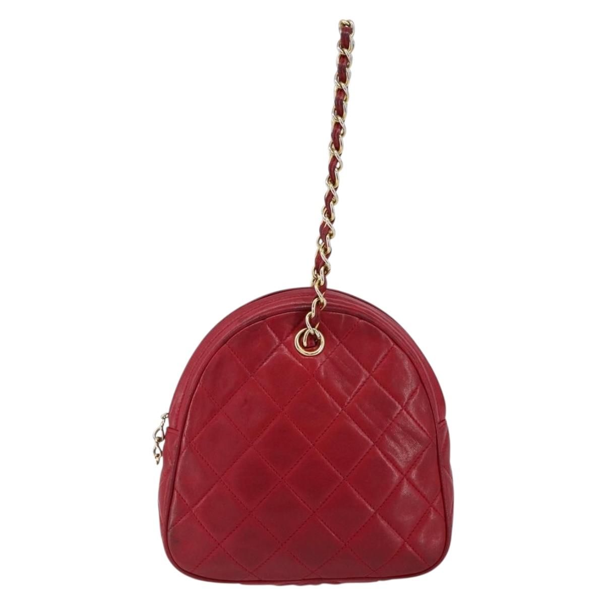 CHANEL Matelasse Chain Hand Bag Lamb Skin Red Gold CC Auth 150849
