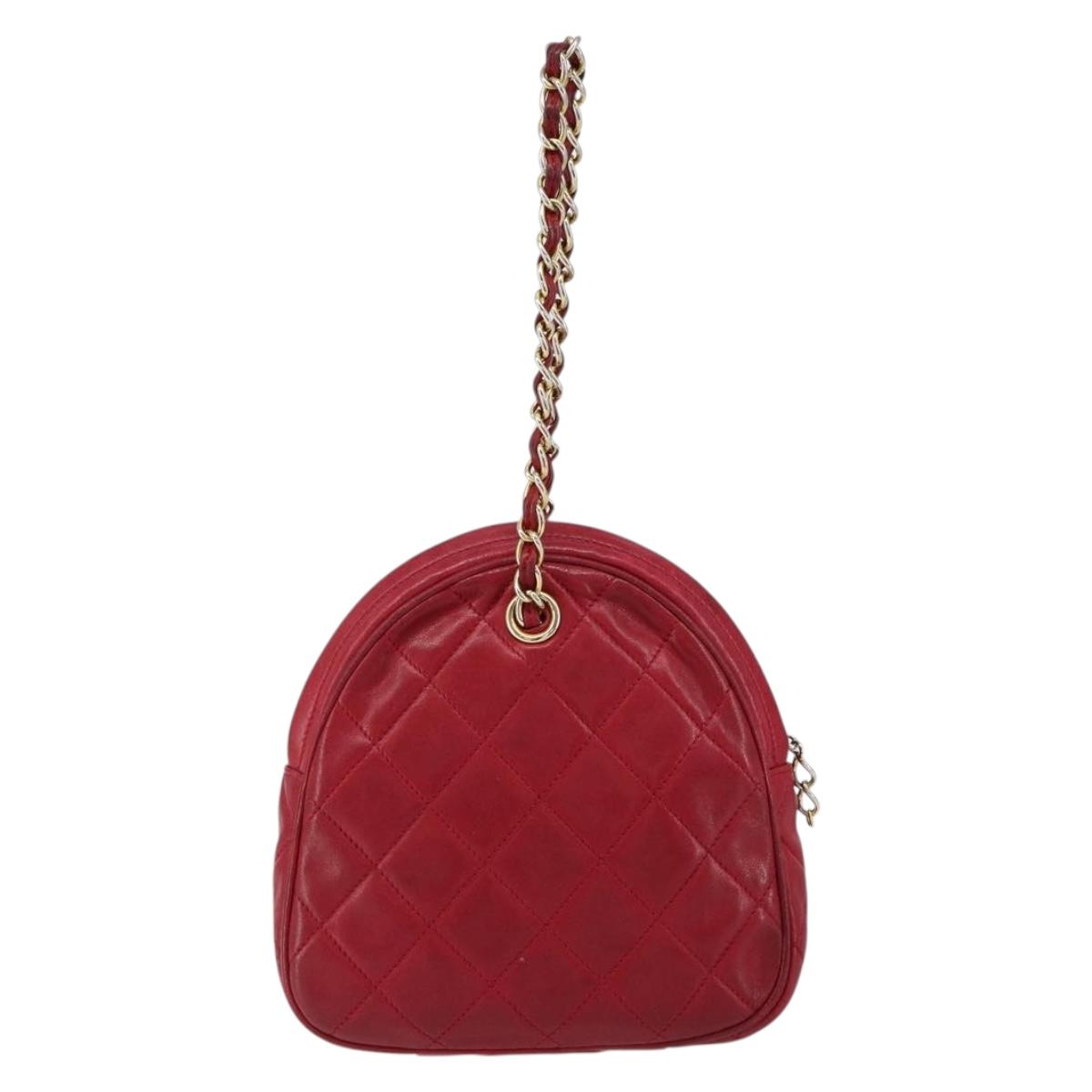 CHANEL Matelasse Chain Hand Bag Lamb Skin Red Gold CC Auth 150849