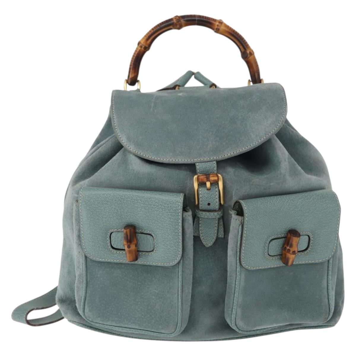 GUCCI Bamboo Backpack Suede Turquoise Blue Gold 003 2058 0016 Auth 150871
