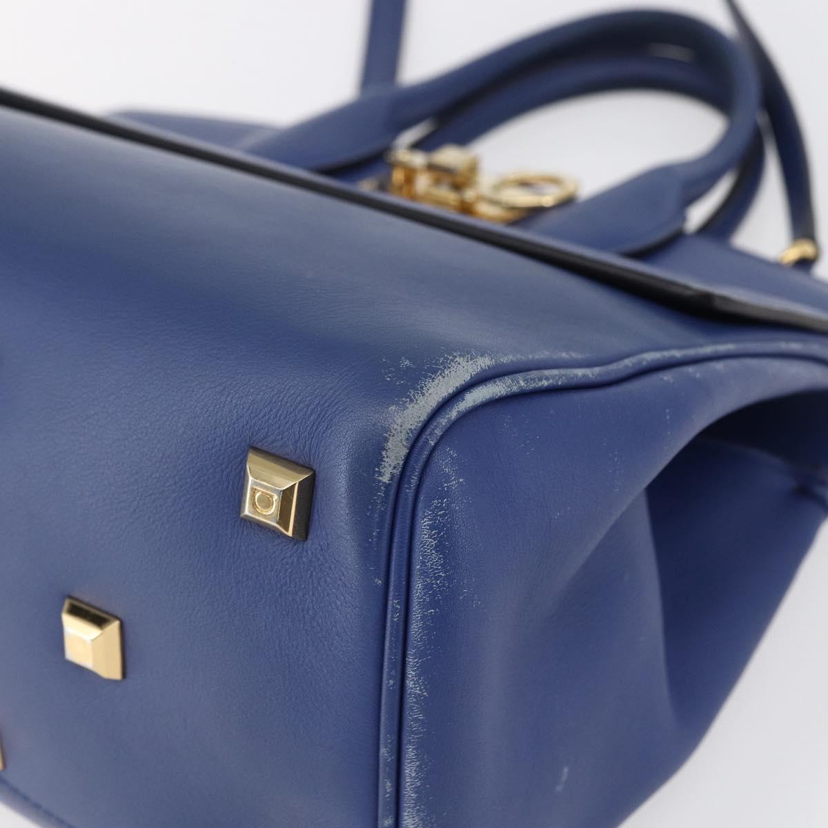 Salvatore Ferragamo Gancini Hand Bag Leather 2way Blue Gold Auth 150875