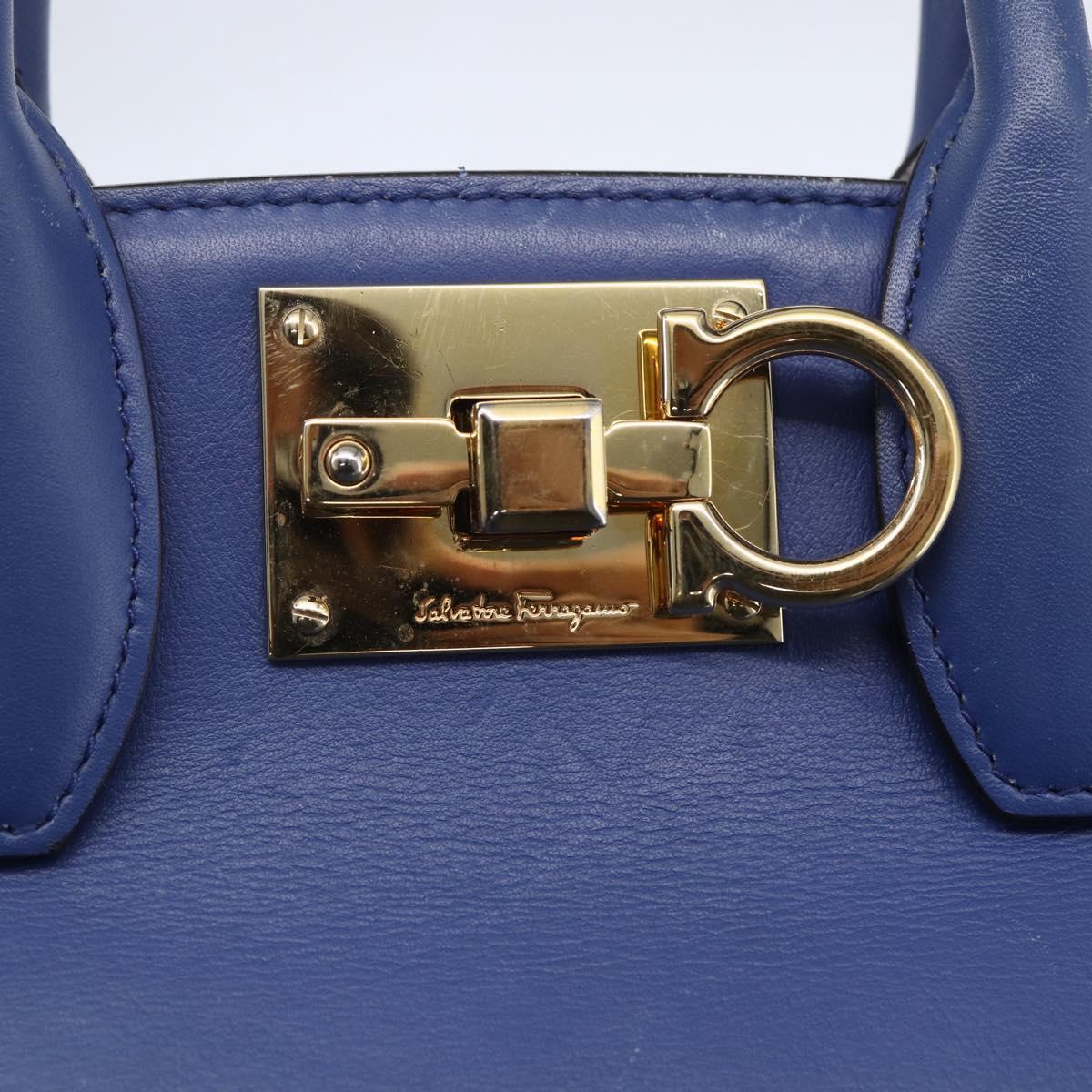 Salvatore Ferragamo Gancini Hand Bag Leather 2way Blue Gold Auth 150875