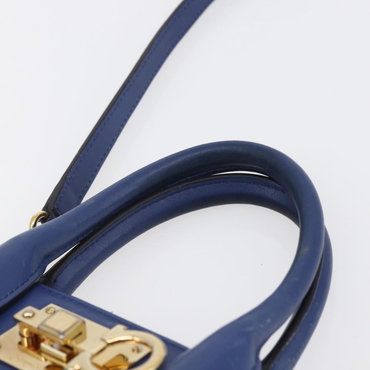 Salvatore Ferragamo Gancini Hand Bag Leather 2way Blue Gold Auth 150875