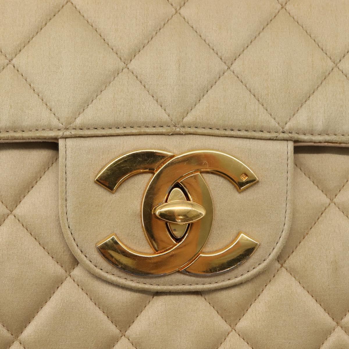 CHANEL Matelasse 34 Chain Shoulder Bag Satin Beige Gold CC Auth 150935