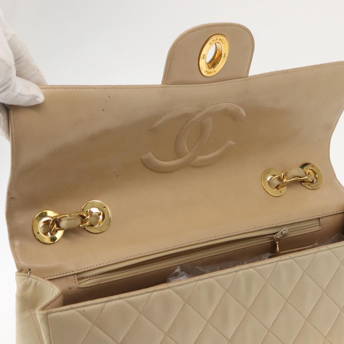 CHANEL Matelasse 34 Chain Shoulder Bag Satin Beige Gold CC Auth 150935