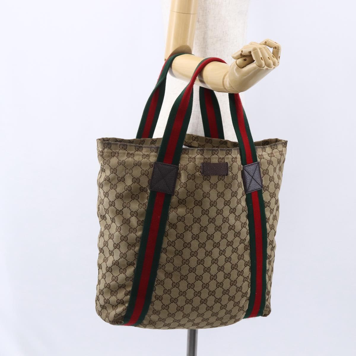 GUCCI GG Canvas Web Sherry Line Tote Bag Beige Red Green 189669 Auth 150943