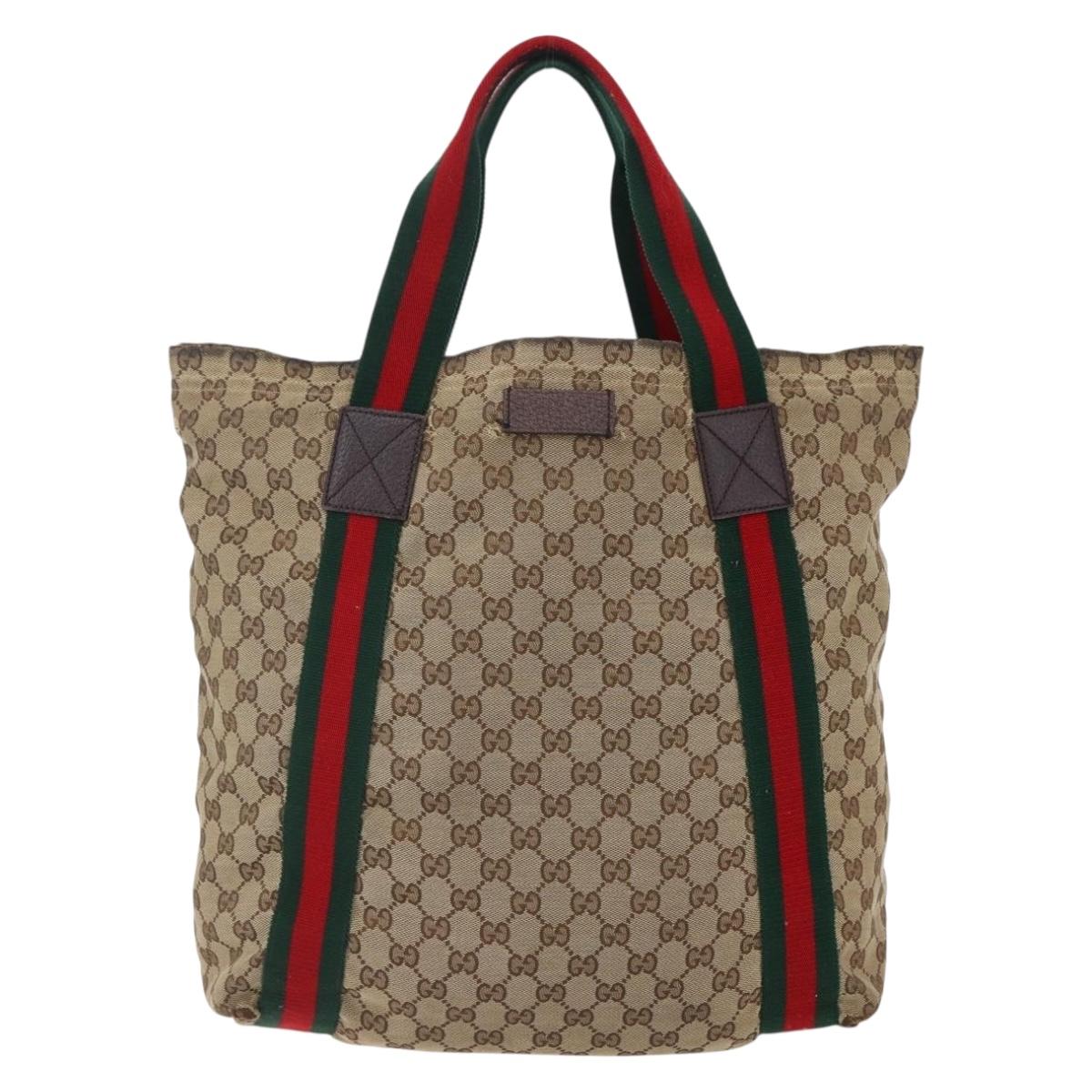 GUCCI GG Canvas Web Sherry Line Tote Bag Beige Red Green 189669 Auth 150943