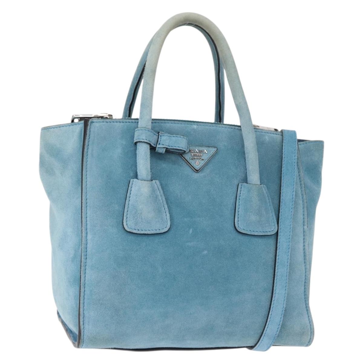 PRADA Hand Bag Suede 2way Turquoise Blue Silver BN2625 Auth 150950