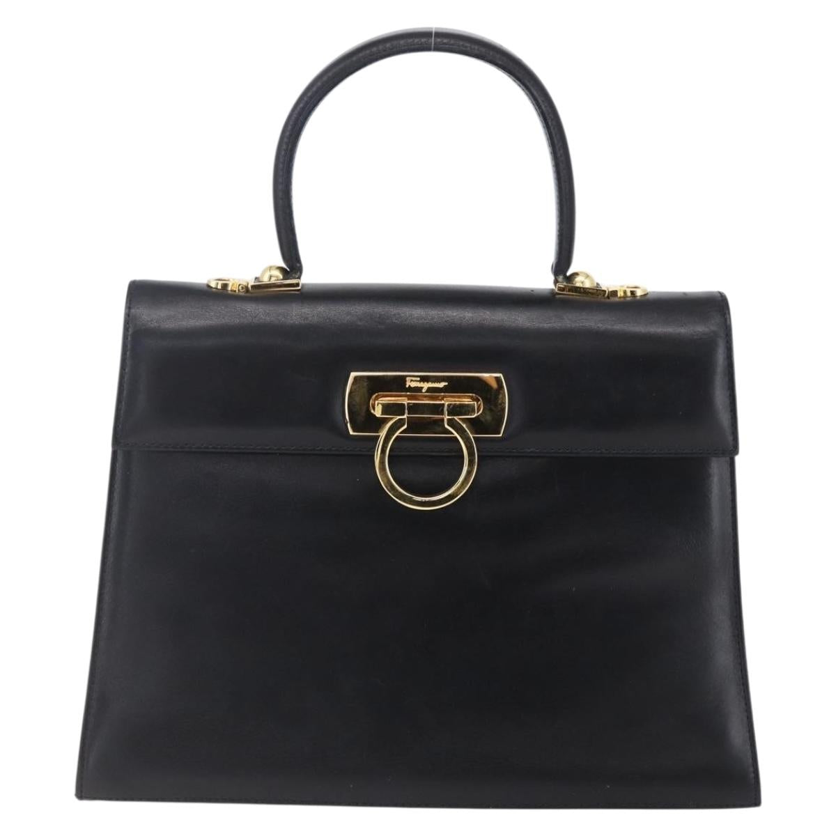 Salvatore Ferragamo Gancini Hand Bag Leather Gold Black Auth 150953