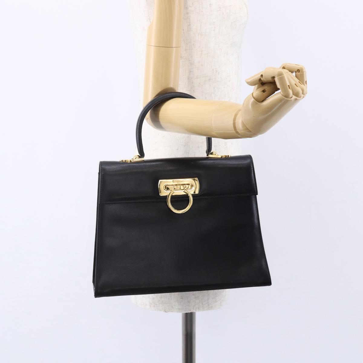 Salvatore Ferragamo Gancini Hand Bag Leather Gold Black Auth 150953