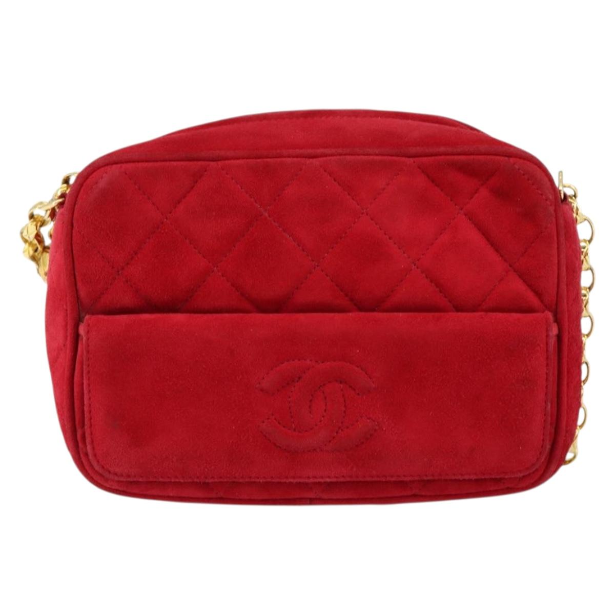 CHANEL Matelasse Chain Shoulder Bag Suede Red Gold CC Auth 150966