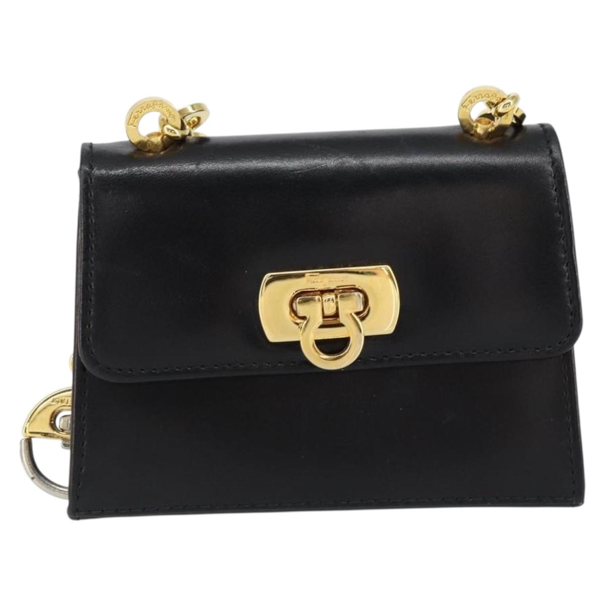 Salvatore Ferragamo Chain Gancini Shoulder Bag Leather Black Gold Auth 150969