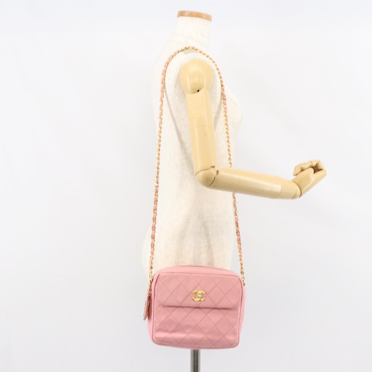 CHANEL Matelasse Chain Shoulder Bag Lamb Skin Pink Gold CC Auth 150982