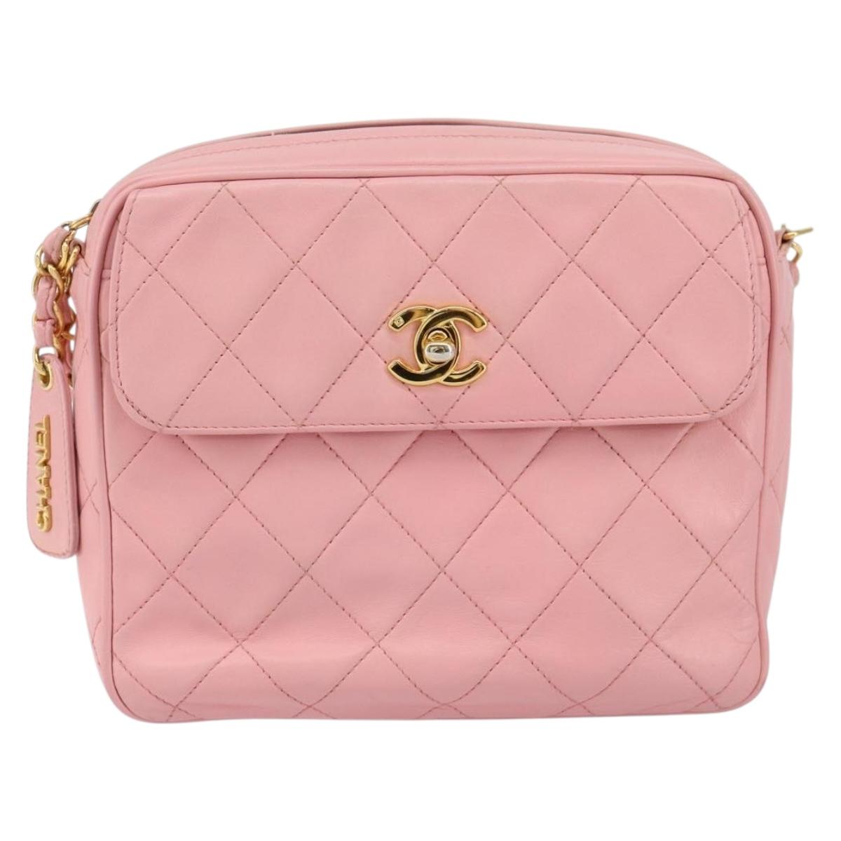 CHANEL Matelasse Chain Shoulder Bag Lamb Skin Pink Gold CC Auth 150982