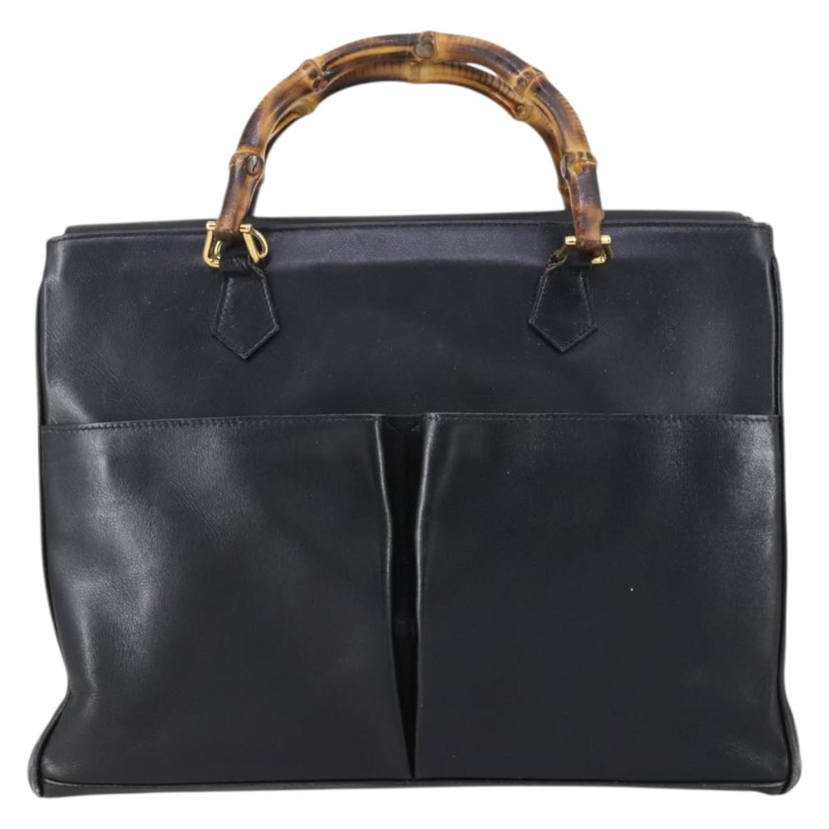 GUCCI Bamboo Hand Bag Leather Black Gold 002 123 0322 Auth 151016