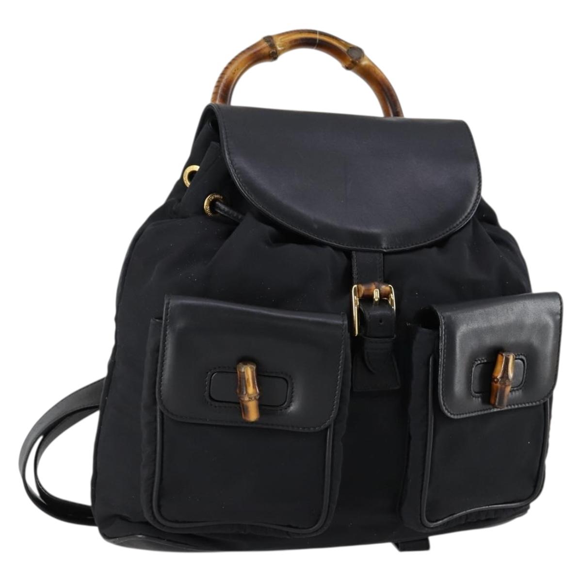 GUCCI Bamboo Backpack Nylon Leather Black Gold 003 58 0016 Auth 151020