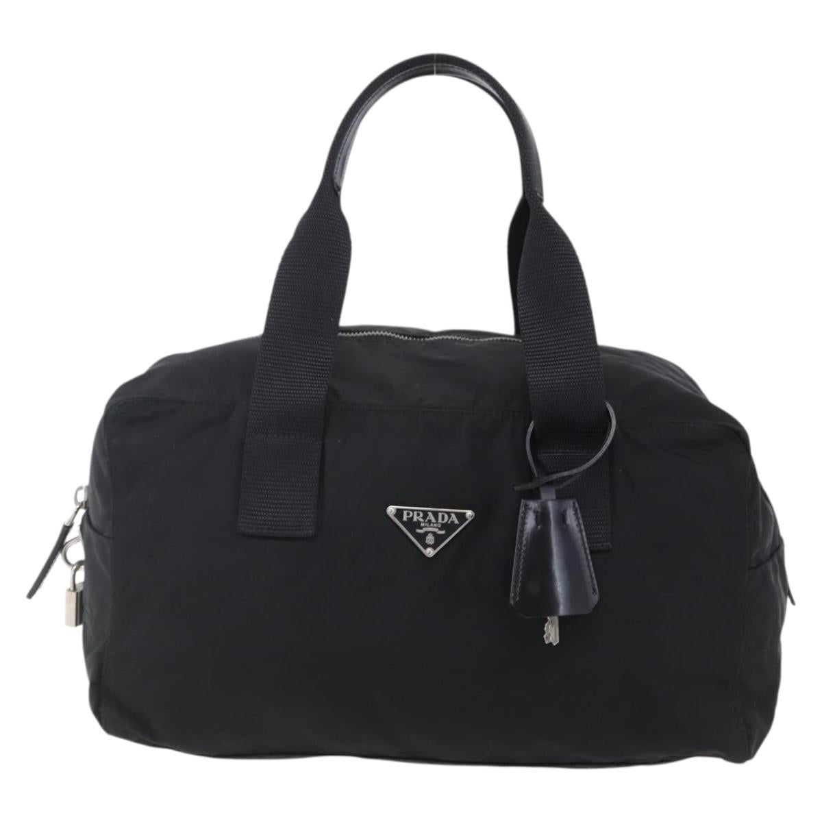 PRADA Hand Bag Nylon Leather Black Silver Auth 151023