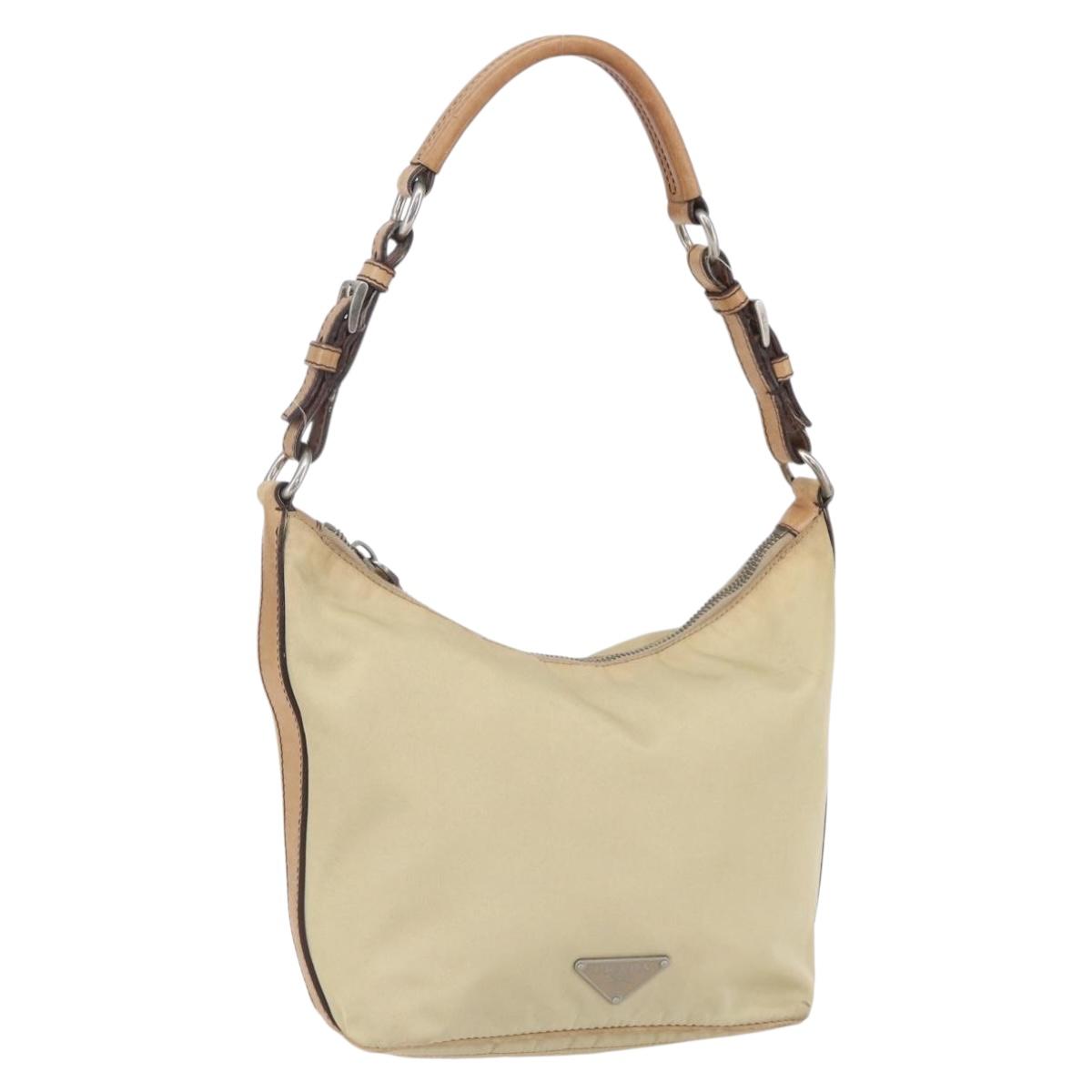 PRADA Shoulder Bag Nylon Beige Silver Auth 151025