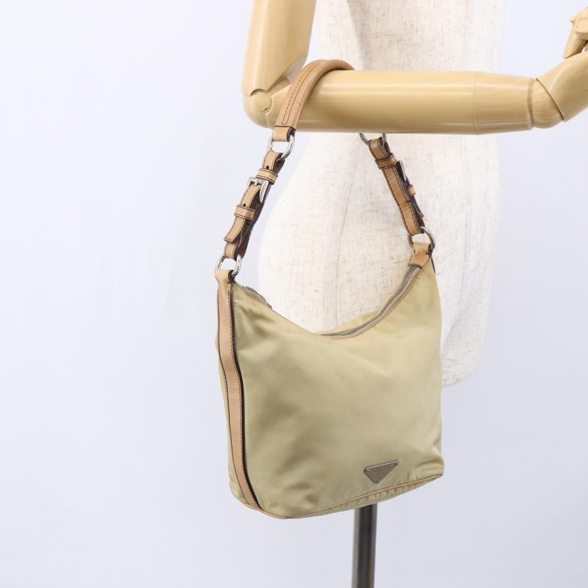PRADA Shoulder Bag Nylon Beige Silver Auth 151025