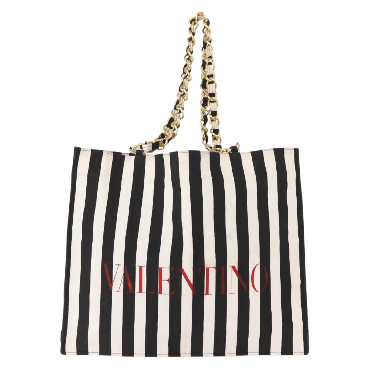 VALENTINO Chain Tote Bag Canvas Black White Auth 151029