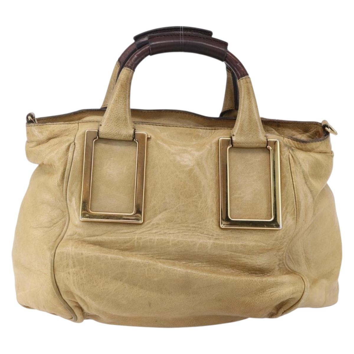 Chloe Etel Hand Bag Leather Beige Gold Auth 151030