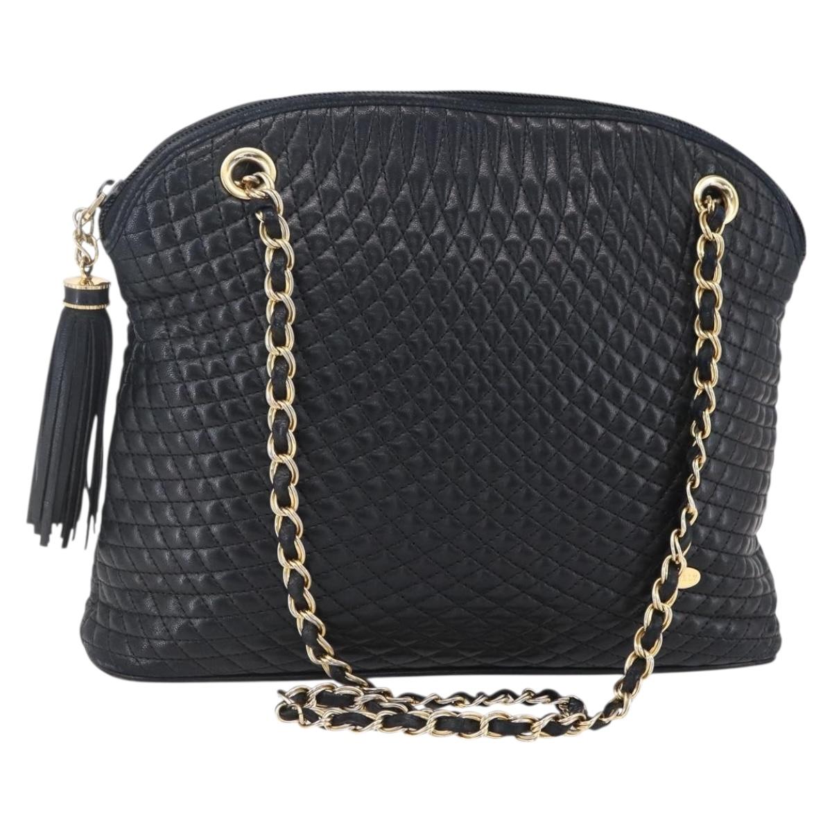 BALLY Quilted Chain Shoulder Bag Leather Black Gold Auth 151032