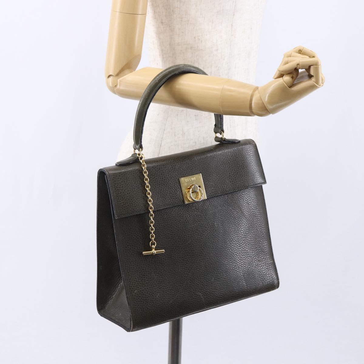 CELINE Hand Bag Leather Khaki Gold Auth 151041