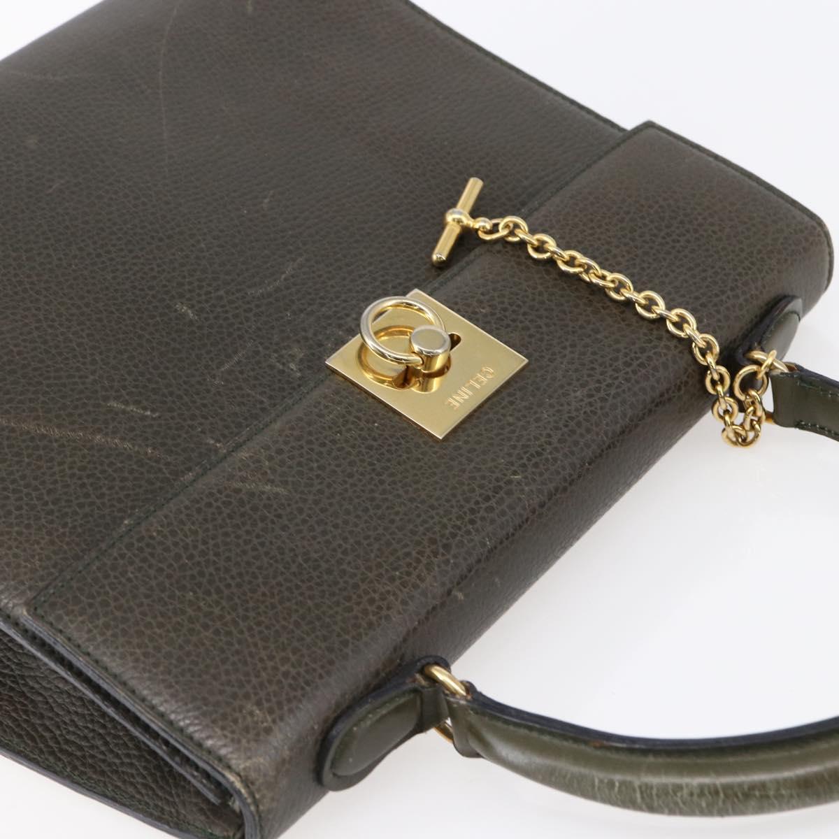 CELINE Hand Bag Leather Khaki Gold Auth 151041