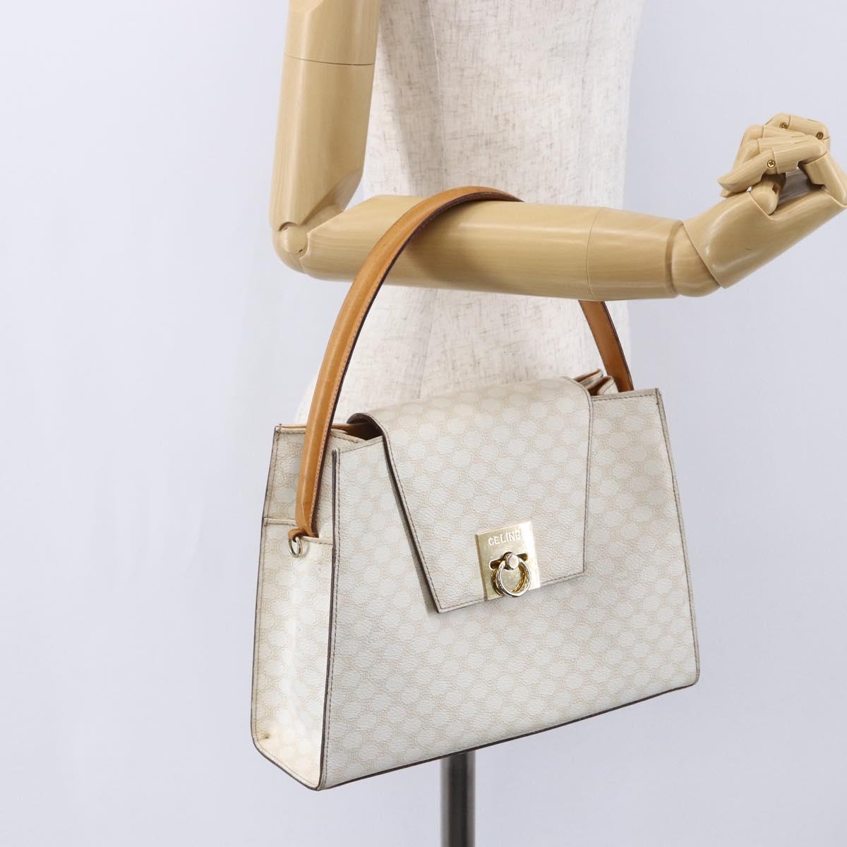 CELINE Macadam Canvas Boston Bag PVC Leather White Gold Auth 151042