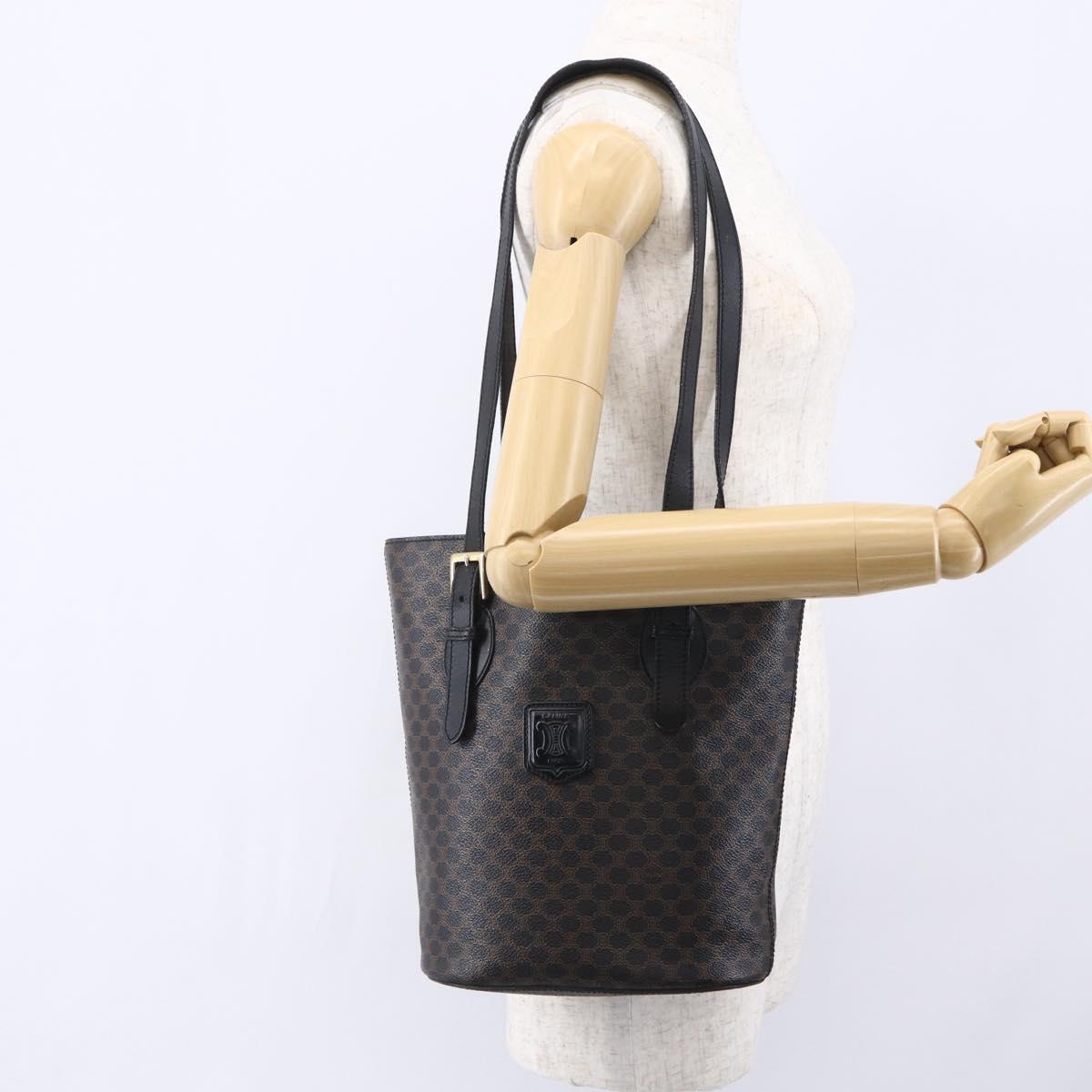 CELINE Macadam Canvas Tote Bag PVC Leather Black Gold Auth 151043