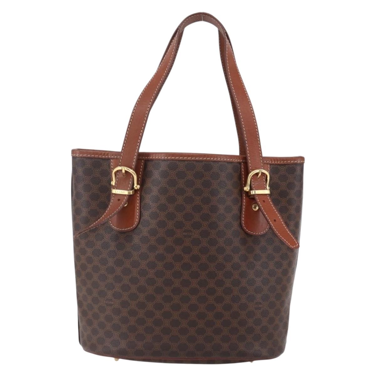 CELINE Macadam Canvas Tote Bag PVC Leather Brown Gold Auth 151049