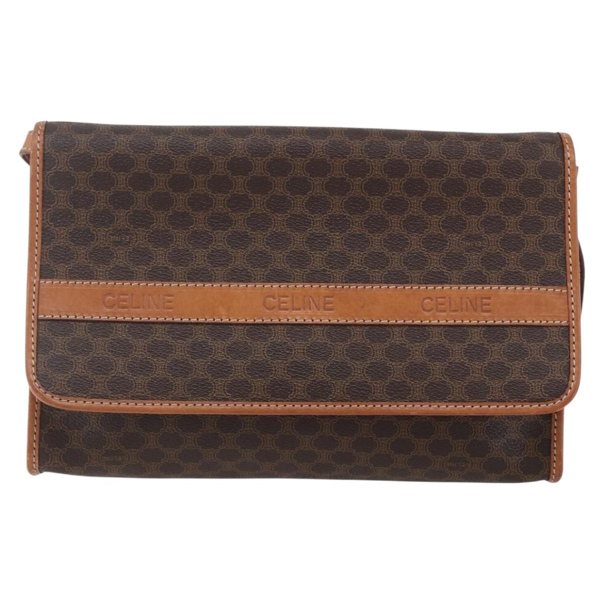 CELINE Macadam Canvas Shoulder Bag PVC Leather Brown Gold Auth 151050