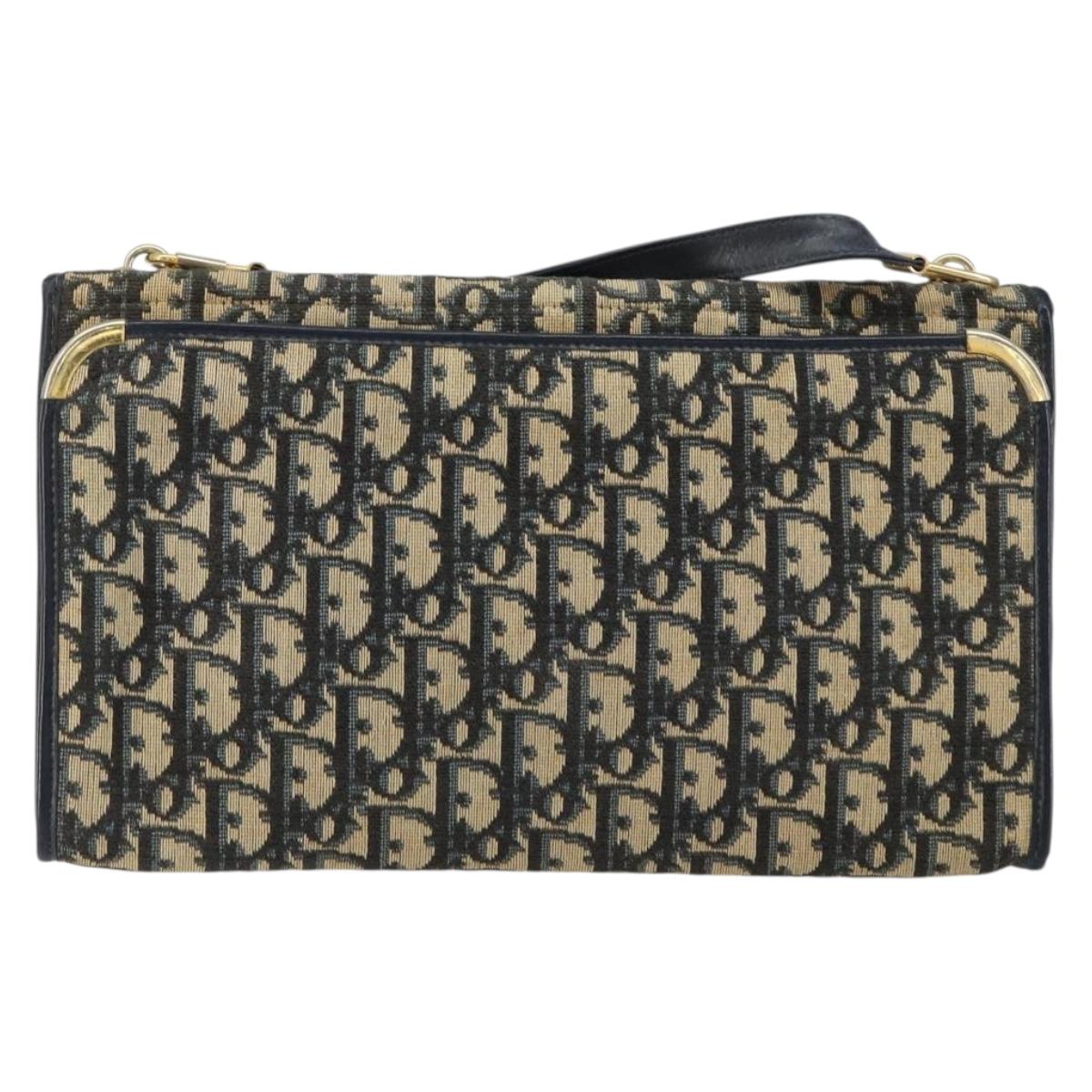 Christian Dior Trotter Canvas Shoulder Bag Navy Gold Auth 151054