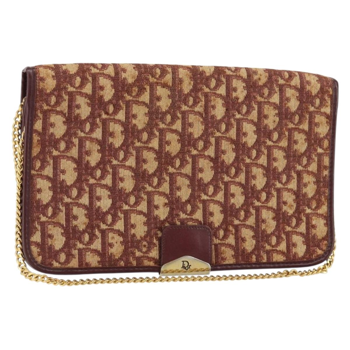 Christian Dior Trotter Canvas Chain Shoulder Bag Red Gold Auth 151057